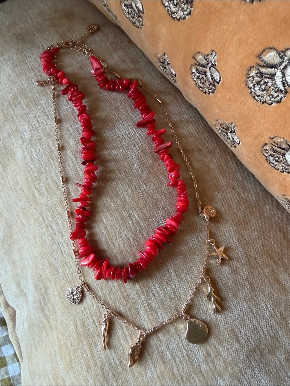 Time and Tru Red Coral Beaded Layered Beach Charm Coastal Necklace